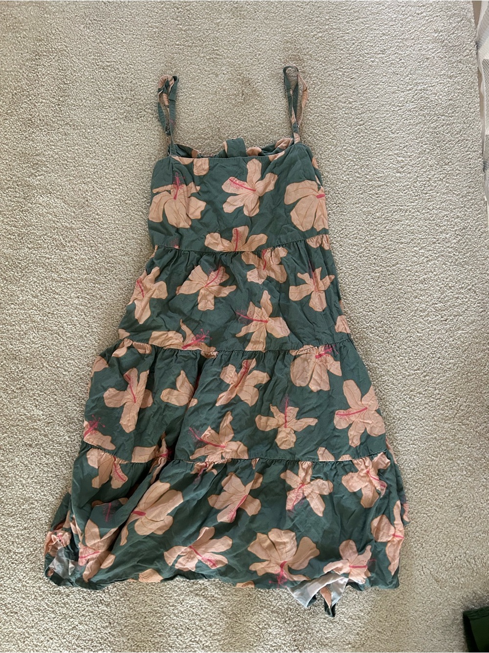 Women's Green Floral Tiered Sundress with Pink Accents
